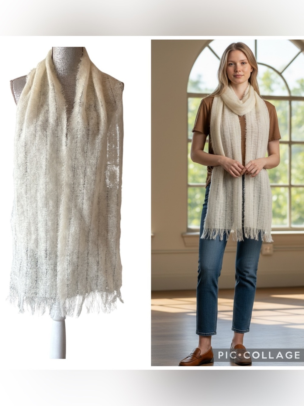 Avoca Handweavers Ivory Mohair Wool Fringe Scarf Wrap Ireland Size OS